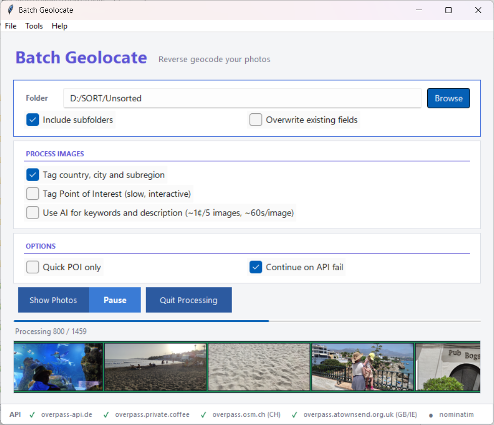 Batch Geolocate main window — processing in progress