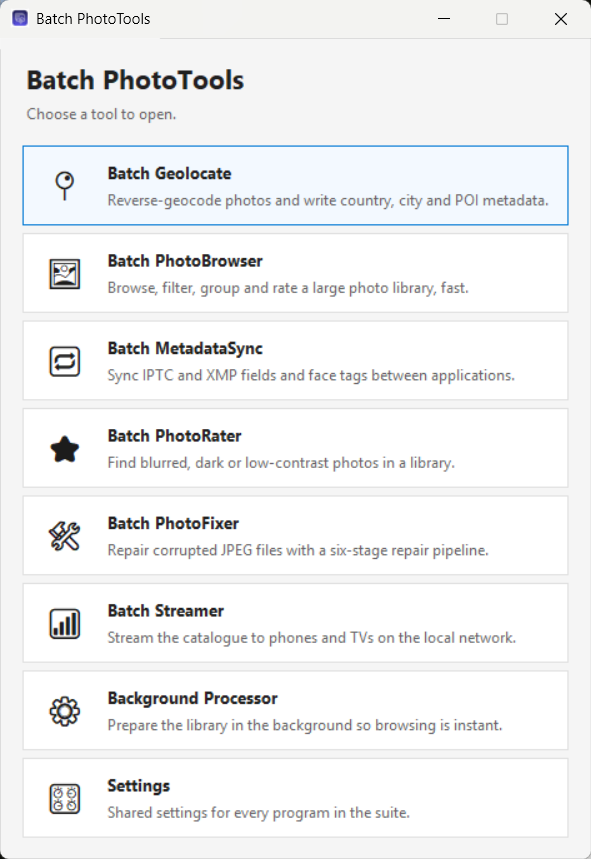 The Batch PhotoTools launcher listing every tool and Settings