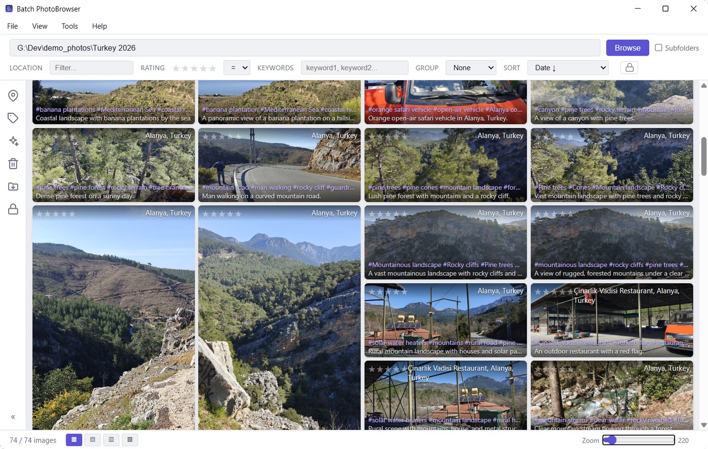 The Batch PhotoBrowser gallery showing photos with location, keywords and descriptions