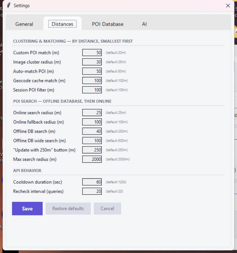 Settings — Distances tab