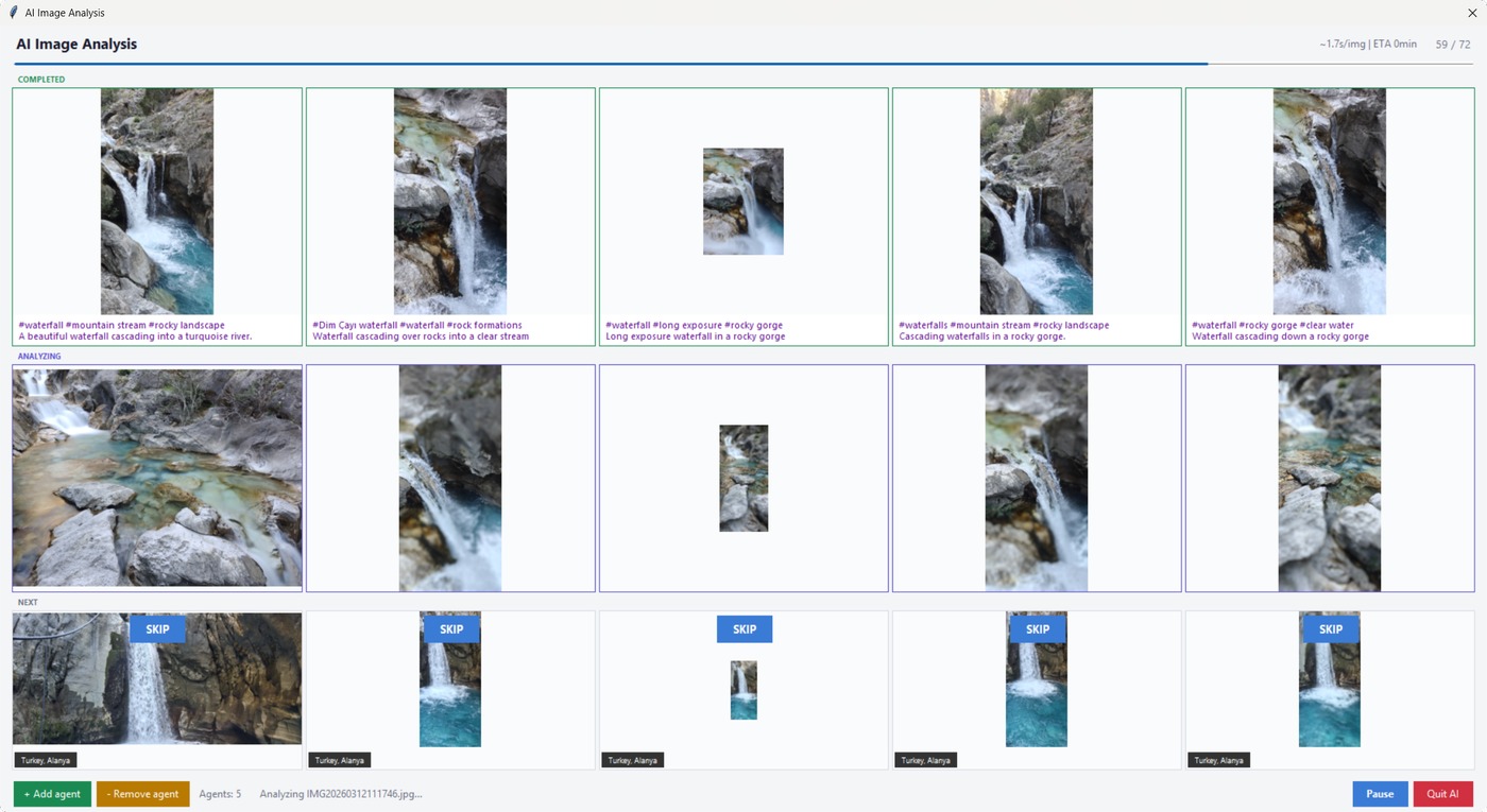 Batch PhotoTools AI analysis window writing descriptions and keywords for photos