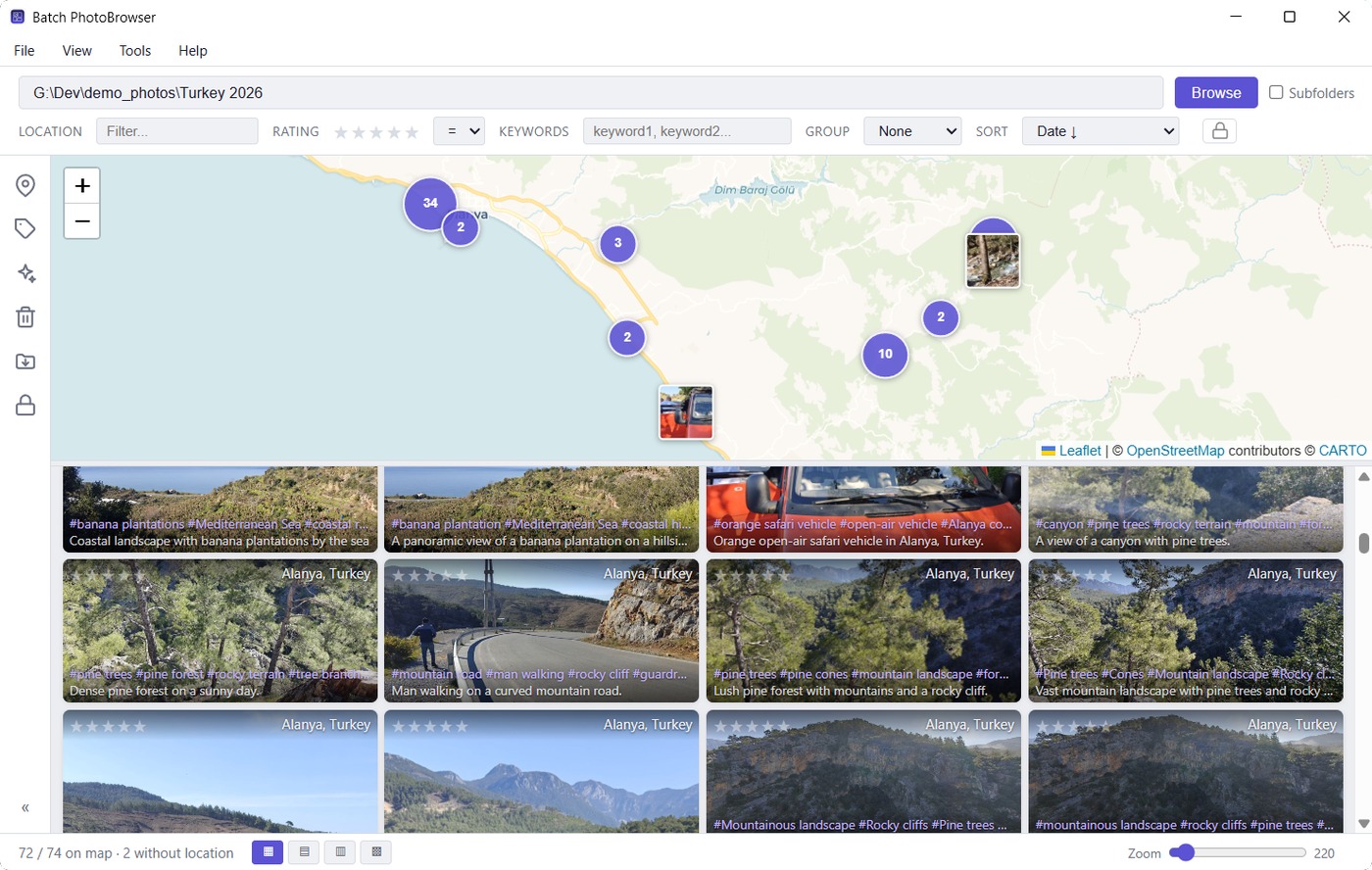 A map above the photo gallery, with clustered photo markers narrowing what the gallery shows
