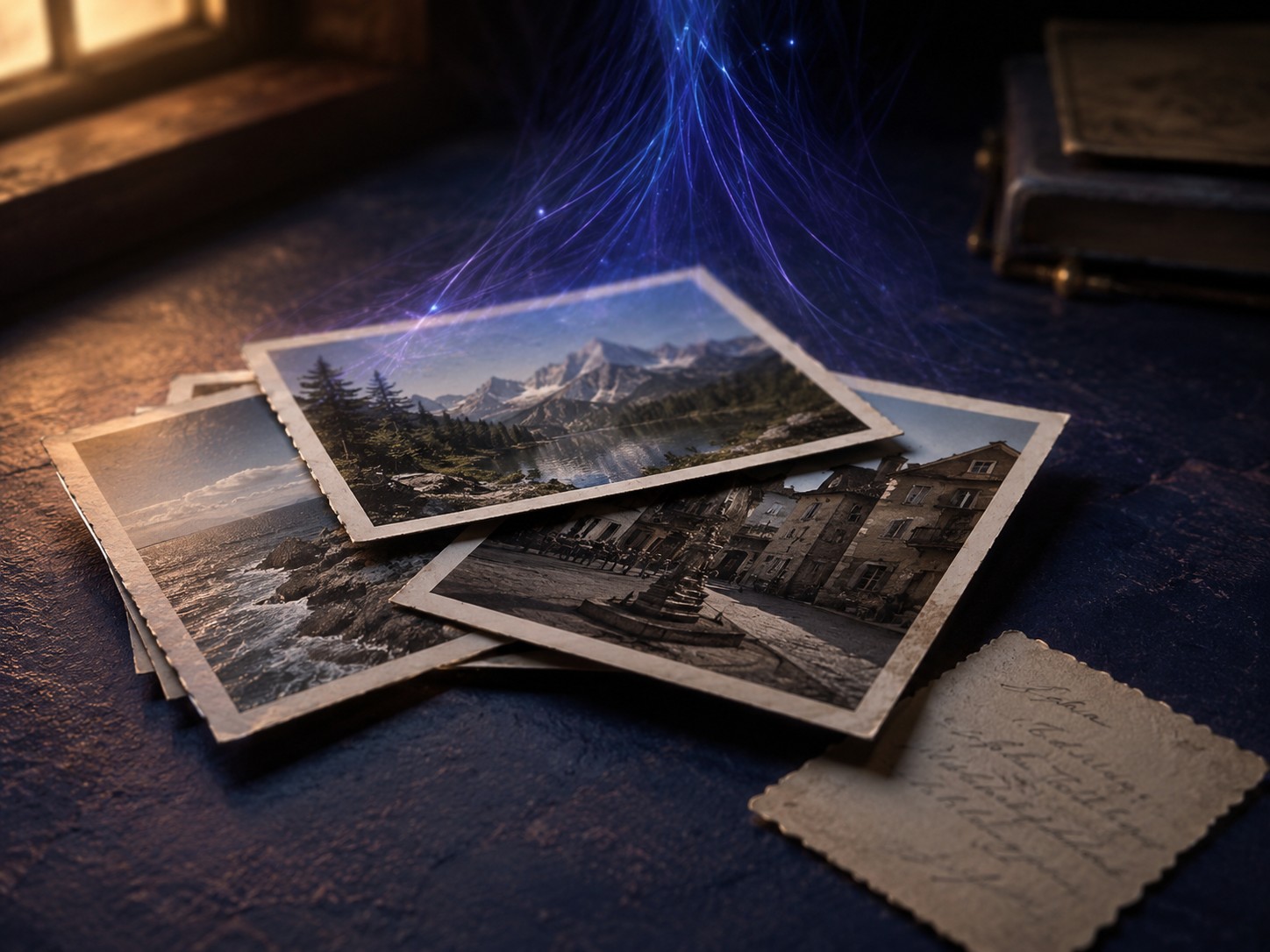 A stack of old printed holiday photographs, none of them carrying any GPS data