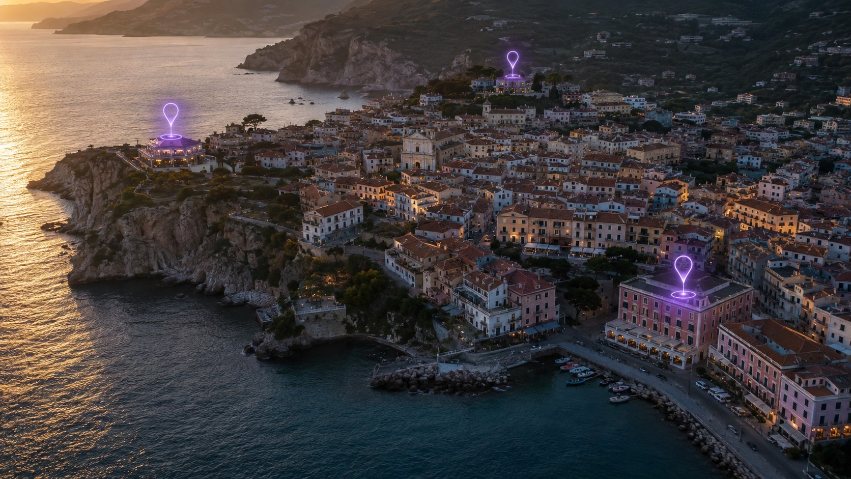 A coastal town from the air with glowing markers over three specific buildings