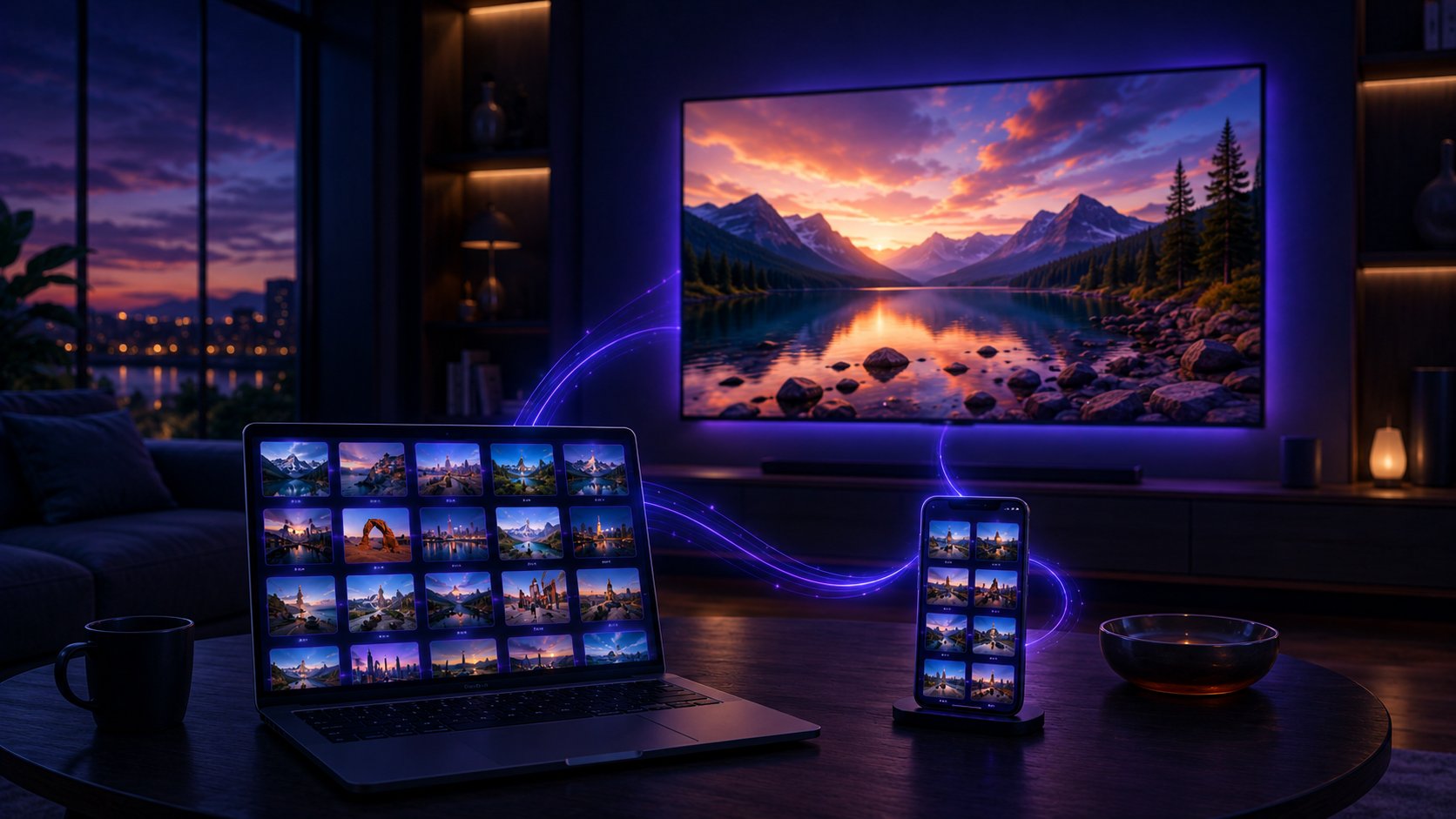 Batch Streamer — the same photo library streamed to a TV, a laptop and a phone over the home network